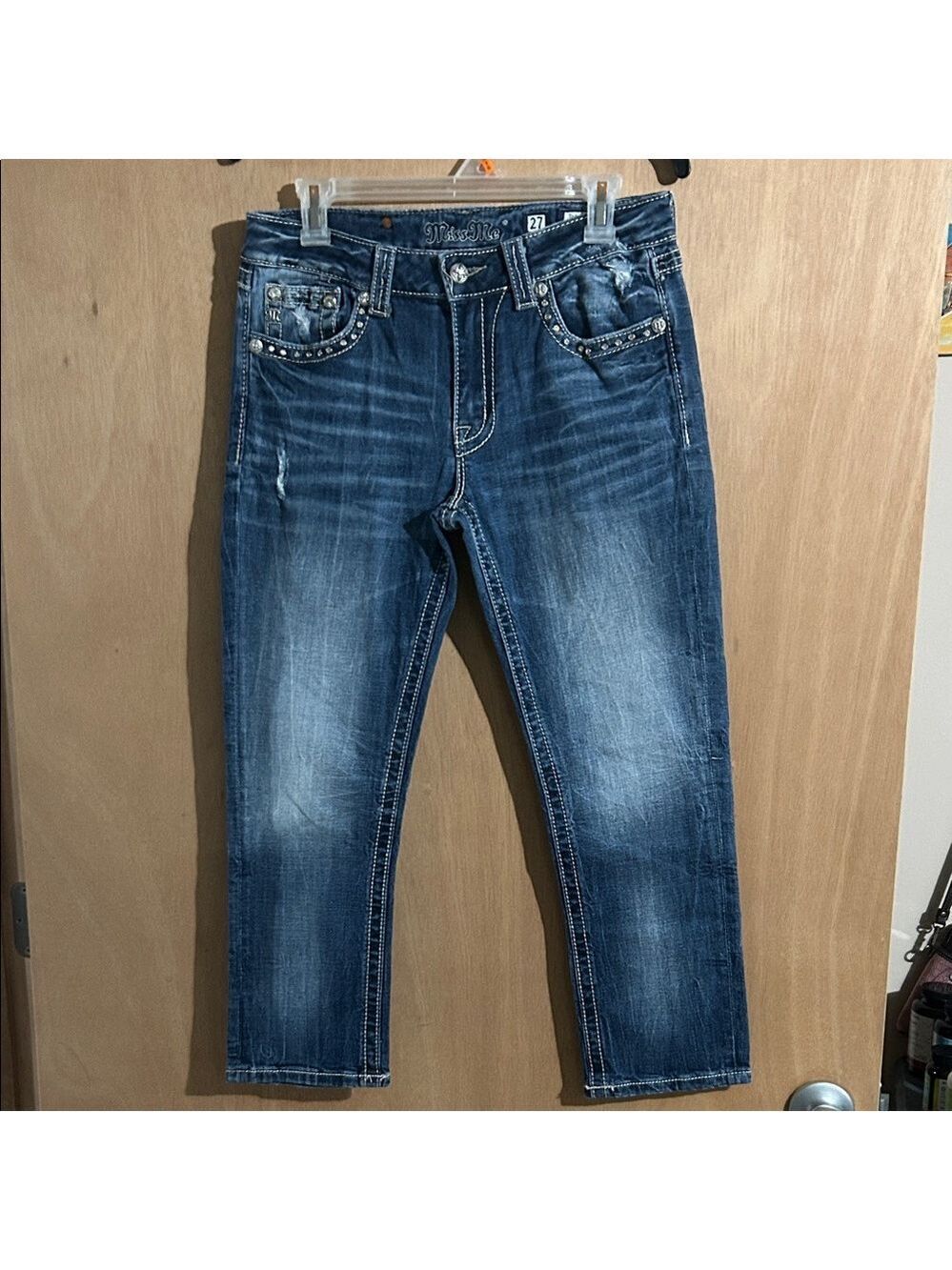 Miss Me Blue Boyfriend Capri Jeans with Studded Pockets